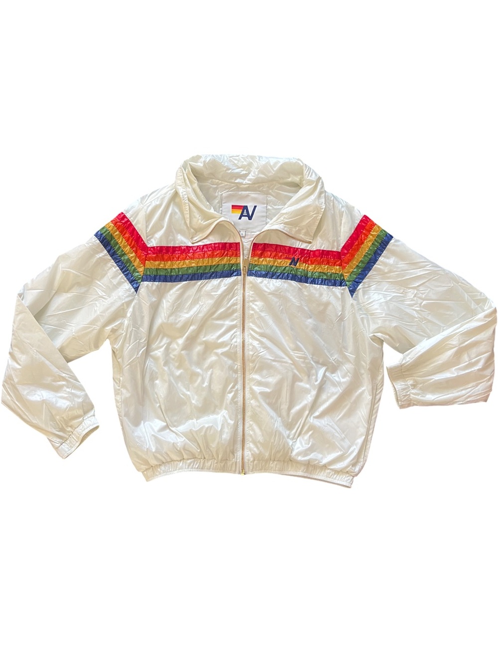 Aviator Nation White Zip Windbreaker with Rainbow Chest Stripes